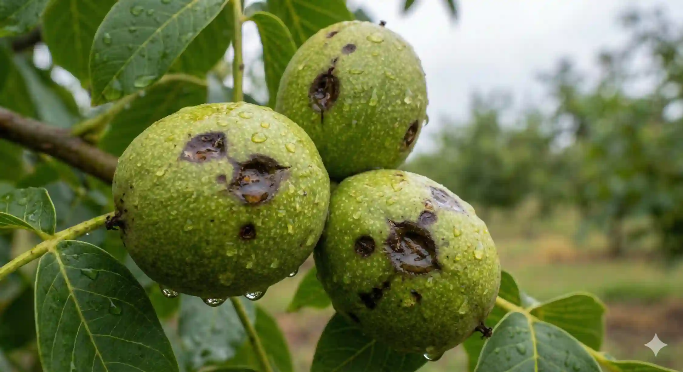 علائم ظاهری بیماری بلایت گردو و لکه‌های سیاه روی پوست سبز.