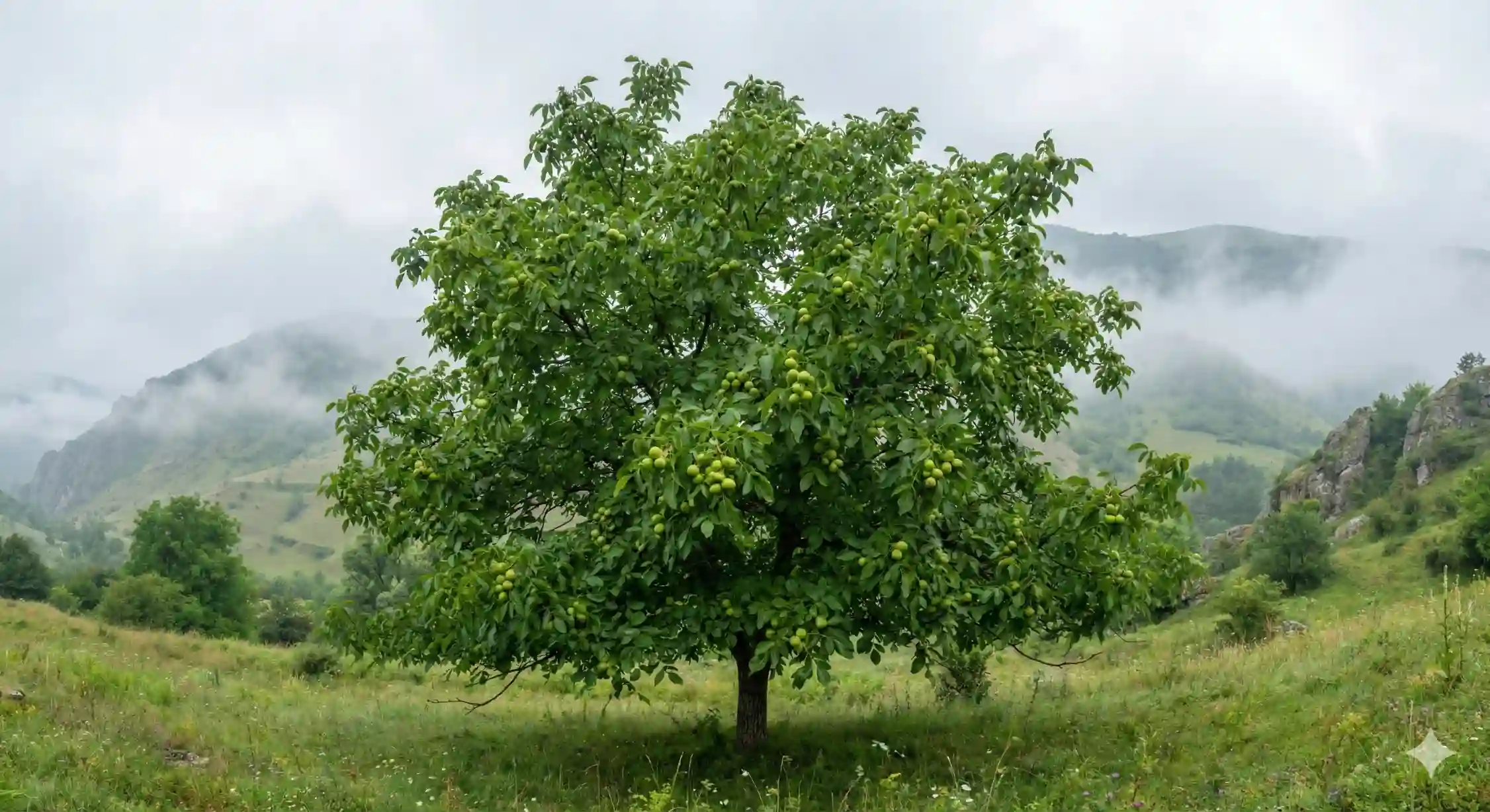 درخت گردو فرنور پربار و مقاوم به بیماری در منطقه کوهستانی.